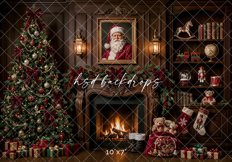 Santa’s Fireside Library Photography Backdrop – Classic Christmas Studio Scene | HSD Backdrops