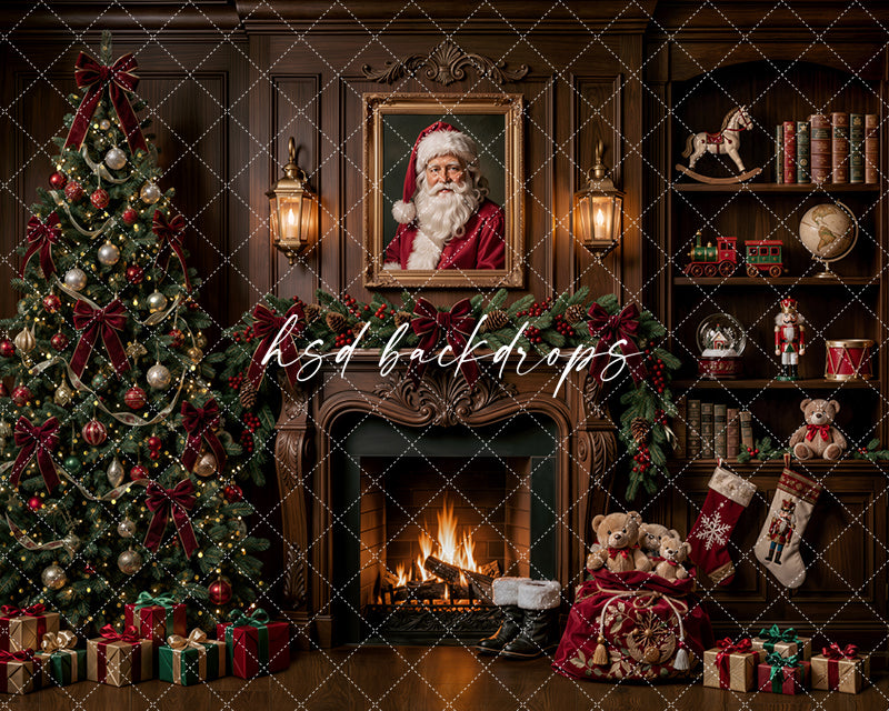 Santa’s Fireside Library Photography Backdrop – Classic Christmas Studio Scene | HSD Backdrops