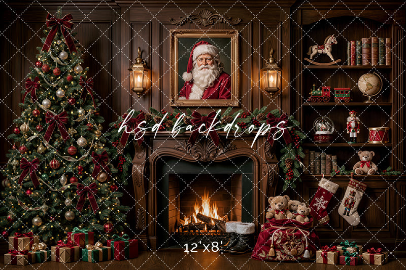 Santa’s Fireside Library Photography Backdrop – Classic Christmas Studio Scene | HSD Backdrops
