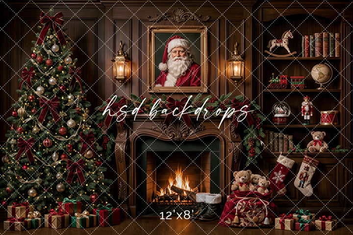 Santa’s Fireside Library Photography Backdrop – Classic Christmas Studio Scene | HSD Backdrops