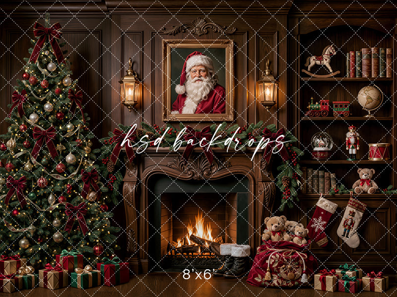 Santa’s Fireside Library Photography Backdrop – Classic Christmas Studio Scene | HSD Backdrops