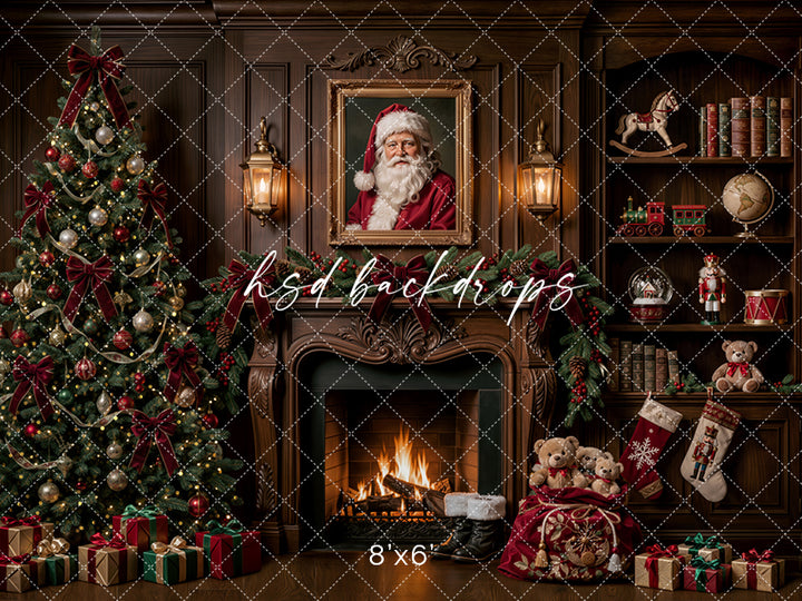 Santa’s Fireside Library Photography Backdrop – Classic Christmas Studio Scene | HSD Backdrops