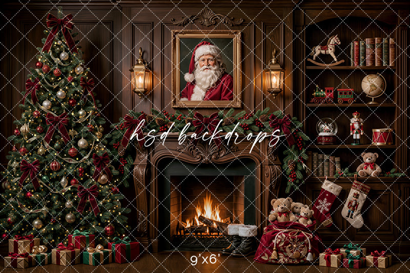 Santa’s Fireside Library Photography Backdrop – Classic Christmas Studio Scene | HSD Backdrops
