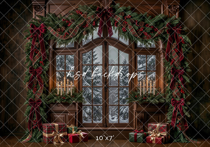 Winter Garland Window Photography Backdrop – Elegant Christmas Studio Scene | HSD Backdrops