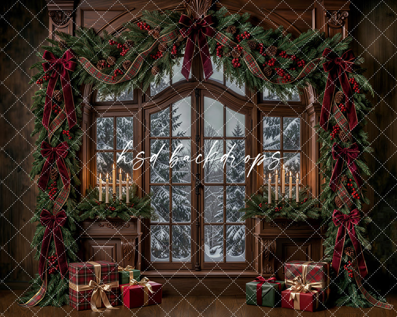 Winter Garland Window Photography Backdrop – Elegant Christmas Studio Scene | HSD Backdrops