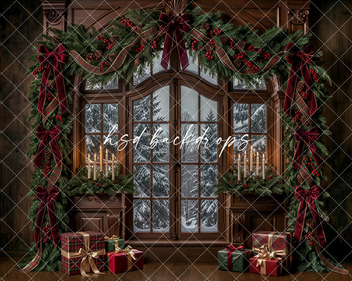 Winter Garland Window Photography Backdrop – Elegant Christmas Studio Scene | HSD Backdrops