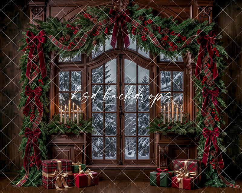 Winter Garland Window Photography Backdrop – Elegant Christmas Studio Scene | HSD Backdrops