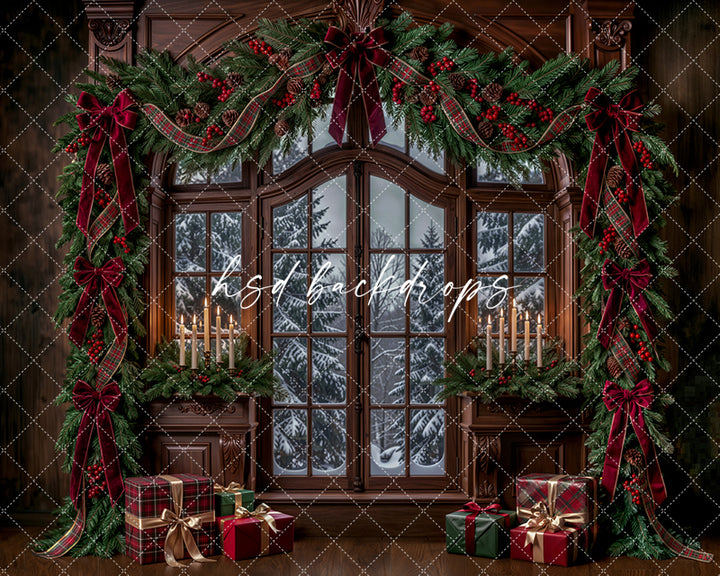 Winter Garland Window Photography Backdrop – Elegant Christmas Studio Scene | HSD Backdrops