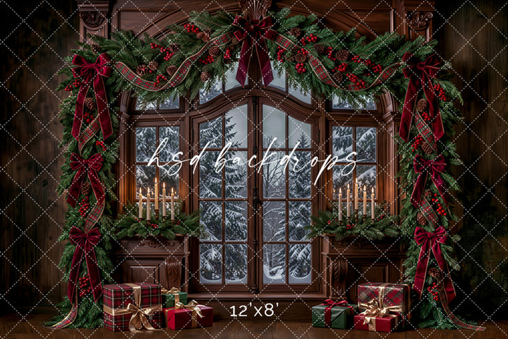 Winter Garland Window Photography Backdrop – Elegant Christmas Studio Scene | HSD Backdrops