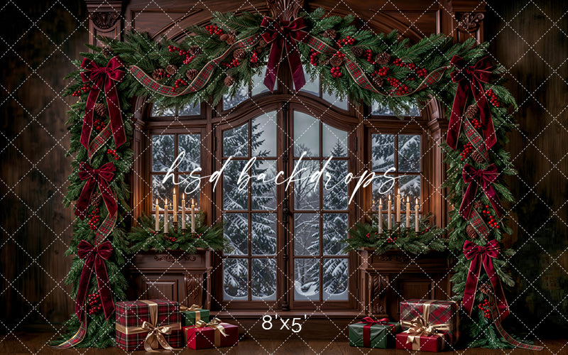 Winter Garland Window Photography Backdrop – Elegant Christmas Studio Scene | HSD Backdrops