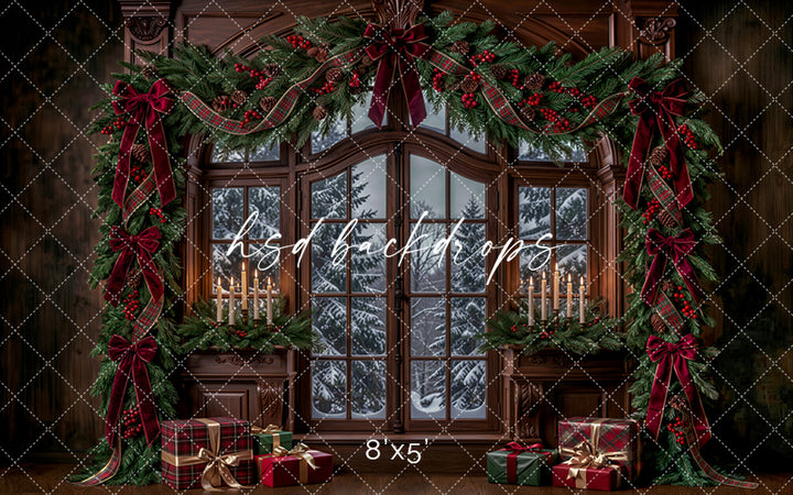 Winter Garland Window Photography Backdrop – Elegant Christmas Studio Scene | HSD Backdrops