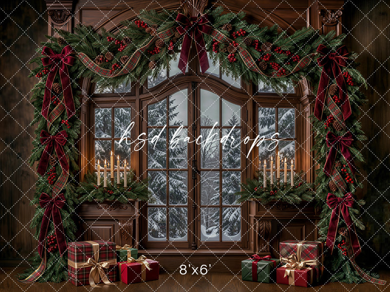 Winter Garland Window Photography Backdrop – Elegant Christmas Studio Scene | HSD Backdrops