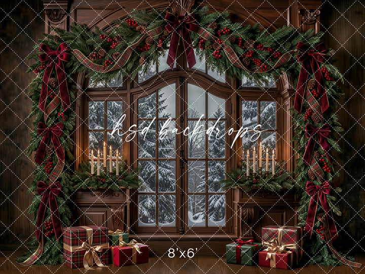 Winter Garland Window Photography Backdrop – Elegant Christmas Studio Scene | HSD Backdrops