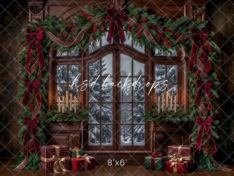 Winter Garland Window Photography Backdrop – Elegant Christmas Studio Scene | HSD Backdrops