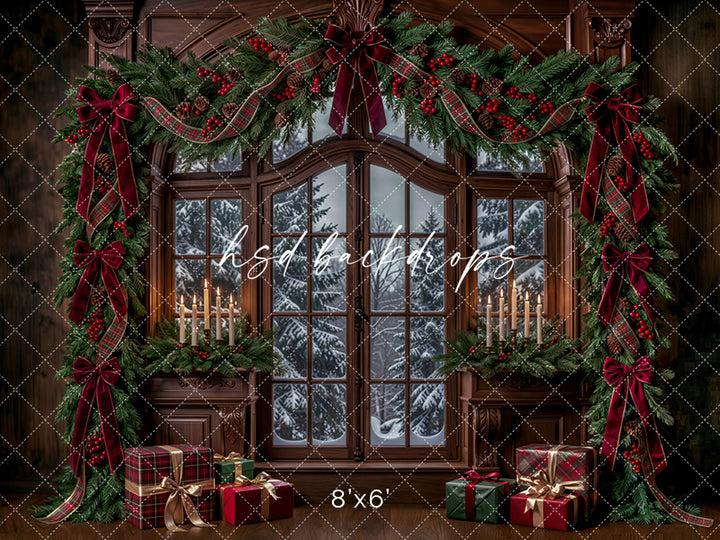 Winter Garland Window Photography Backdrop – Elegant Christmas Studio Scene | HSD Backdrops