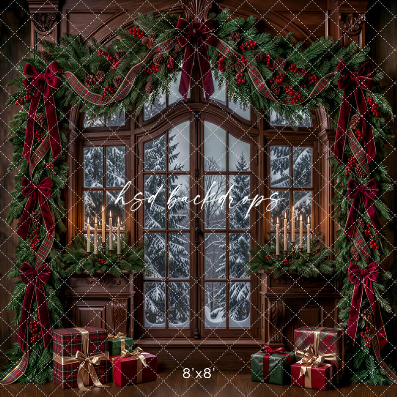 Winter Garland Window Photography Backdrop – Elegant Christmas Studio Scene | HSD Backdrops