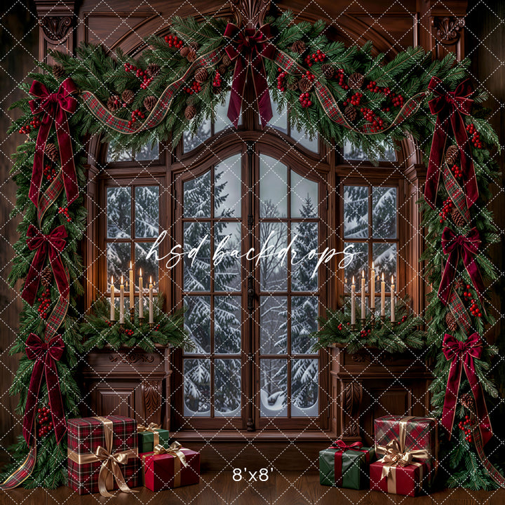 Winter Garland Window Photography Backdrop – Elegant Christmas Studio Scene | HSD Backdrops