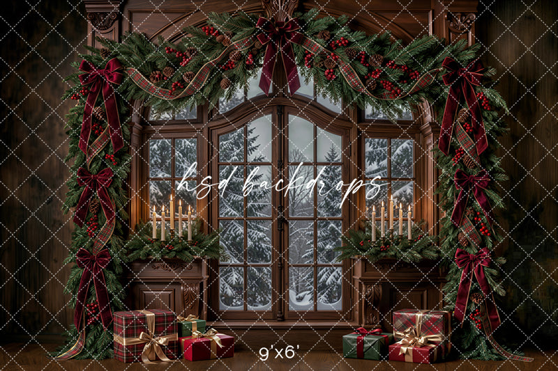 Winter Garland Window Photography Backdrop – Elegant Christmas Studio Scene | HSD Backdrops