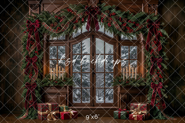 Winter Garland Window Photography Backdrop – Elegant Christmas Studio Scene | HSD Backdrops