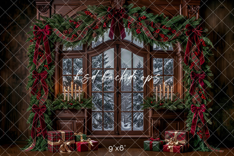 Winter Garland Window Photography Backdrop – Elegant Christmas Studio Scene | HSD Backdrops