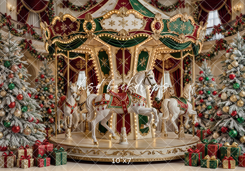 Christmas Carousel Photography Backdrop – Classic Holiday Studio Scene | HSD Backdrops