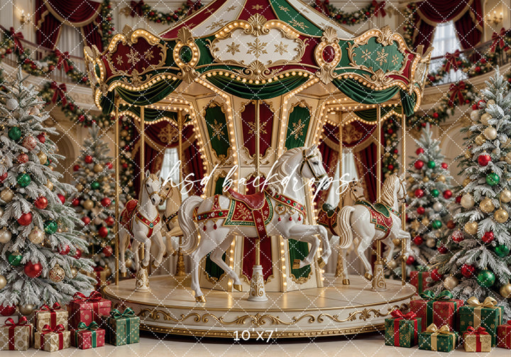 Christmas Carousel Photography Backdrop – Classic Holiday Studio Scene | HSD Backdrops