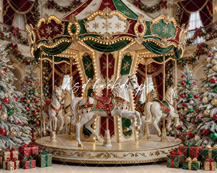Christmas Carousel Photography Backdrop – Classic Holiday Studio Scene | HSD Backdrops