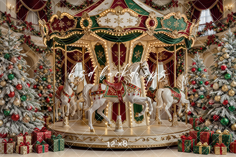 Christmas Carousel Photography Backdrop – Classic Holiday Studio Scene | HSD Backdrops