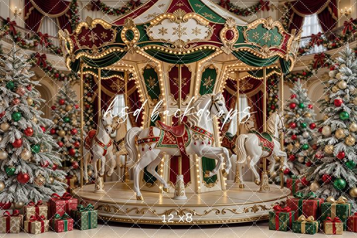 Christmas Carousel Photography Backdrop – Classic Holiday Studio Scene | HSD Backdrops