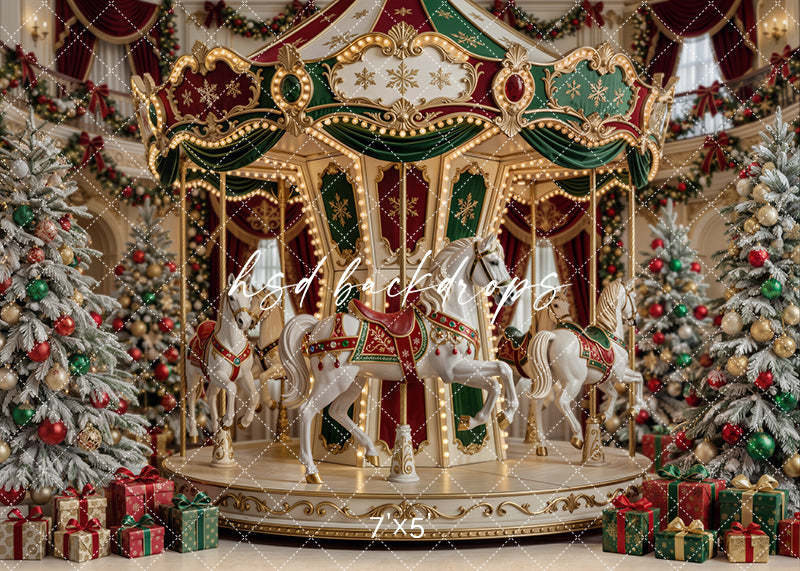 Christmas Carousel photography backdrop with ornate red and green carousel, white carousel horses, glowing lights, flocked Christmas trees, wrapped gifts, garland, and classic holiday décor.