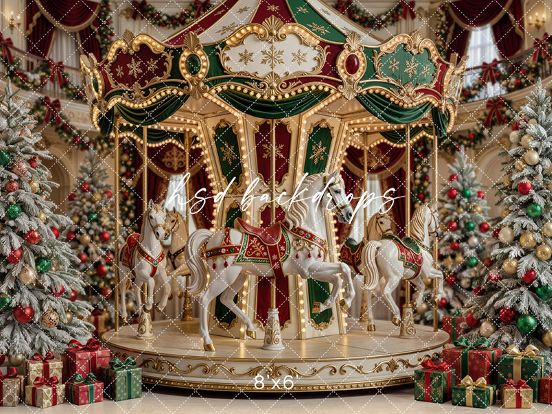 Christmas Carousel Photography Backdrop – Classic Holiday Studio Scene | HSD Backdrops