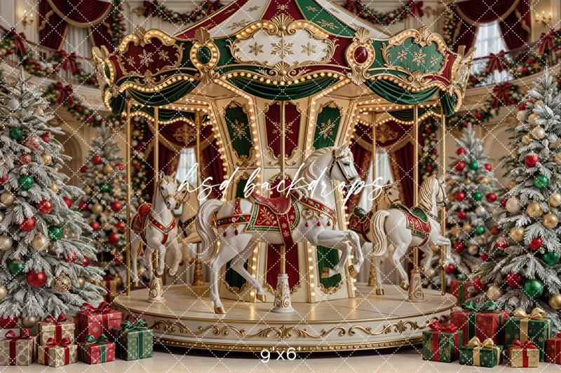 Christmas Carousel Photography Backdrop – Classic Holiday Studio Scene | HSD Backdrops