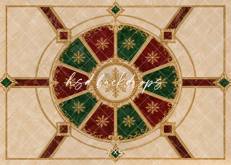 Christmas Carousel Marble Floor photography backdrop with cream marble texture, burgundy and evergreen carousel-inspired panels, gold ornate details, snowflake accents, and elegant holiday floor styling.