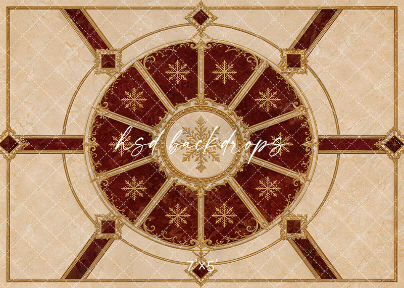 Crimson Carousel Marble Floor Mat with cream marble texture, deep crimson carousel-inspired center, ornate gold details, snowflake accents, and elegant Christmas studio floor styling.