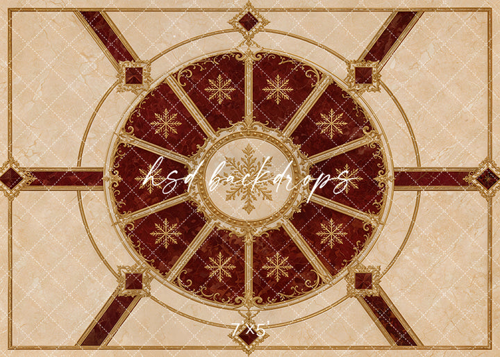 Crimson Carousel Marble Floor Mat with cream marble texture, deep crimson carousel-inspired center, ornate gold details, snowflake accents, and elegant Christmas studio floor styling.