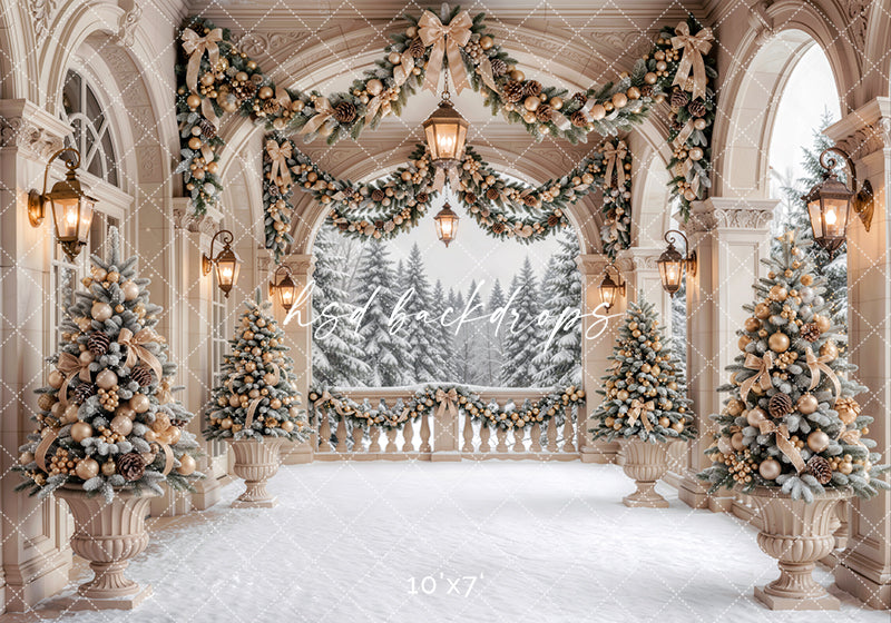 Champagne Winter Veranda Photography Backdrop – Elegant Christmas Studio Scene | HSD Backdrops
