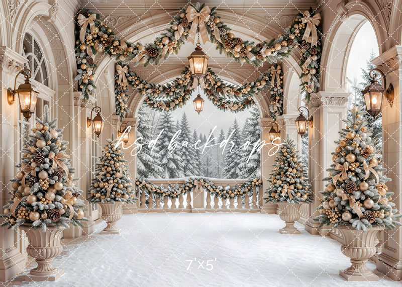 Champagne Winter Veranda Christmas photography backdrop with ivory arches, snowy winter tree view, champagne garland, glowing lanterns, flocked Christmas trees, ornate columns, and elegant holiday décor.