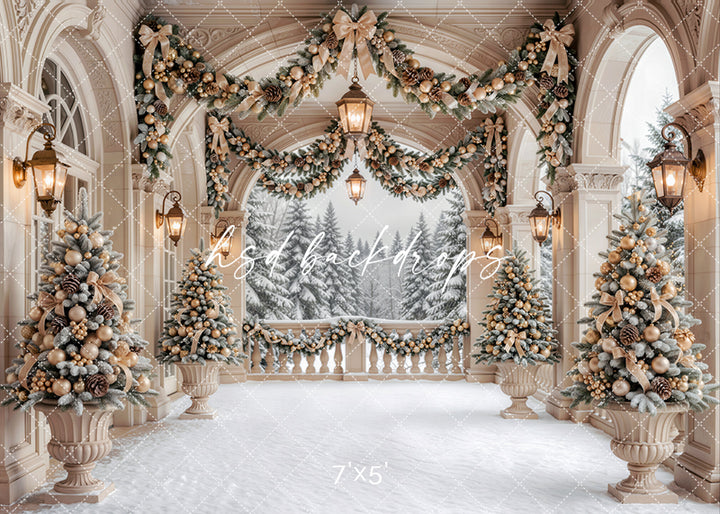 Champagne Winter Veranda Christmas photography backdrop with ivory arches, snowy winter tree view, champagne garland, glowing lanterns, flocked Christmas trees, ornate columns, and elegant holiday décor.