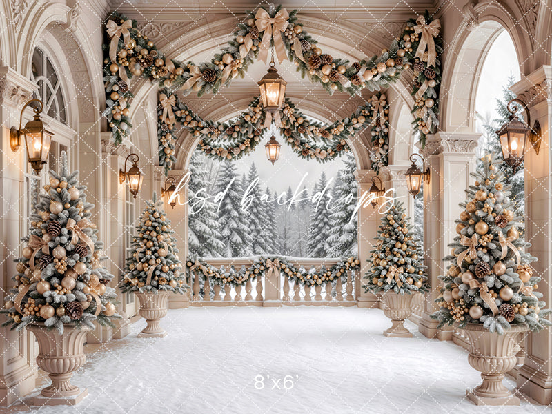 Champagne Winter Veranda Photography Backdrop – Elegant Christmas Studio Scene | HSD Backdrops