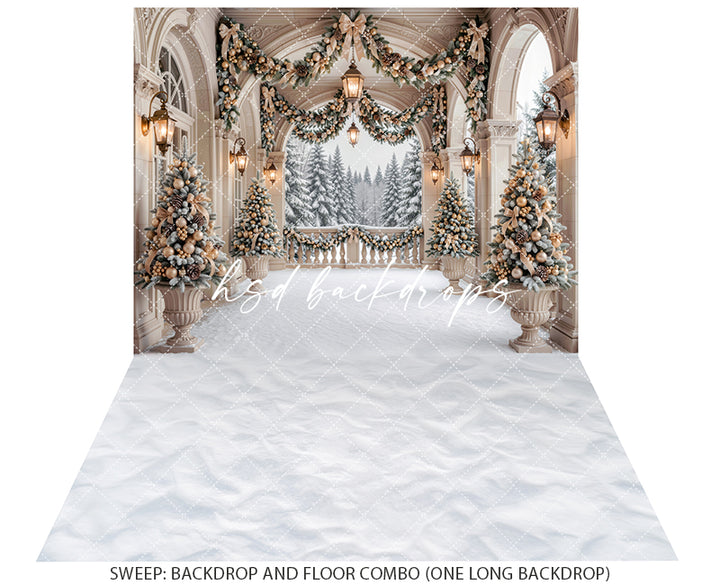 Champagne Winter Veranda Photography Backdrop – Elegant Christmas Studio Scene | HSD Backdrops