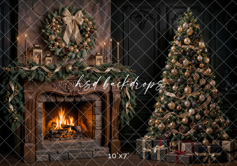 Gilded Evergreen Christmas Fireplace Photography Backdrop – Elegant Holiday Room Scene | HSD Backdrops