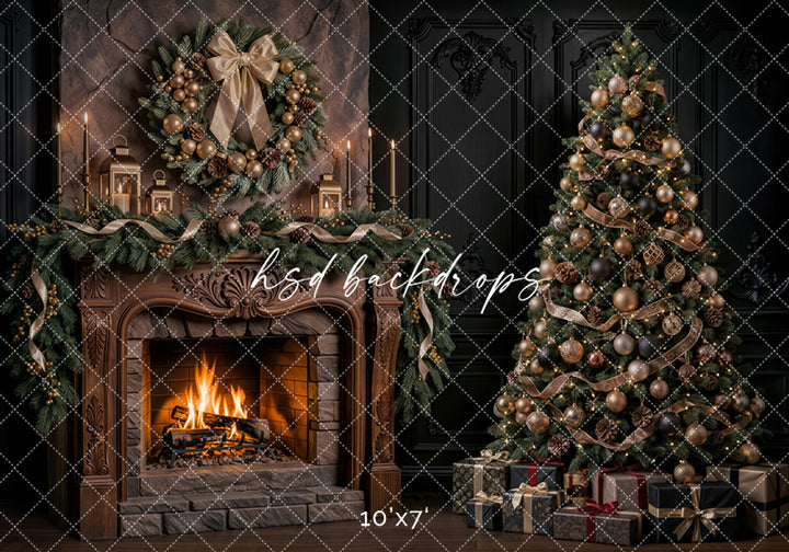 Gilded Evergreen Christmas Fireplace Photography Backdrop – Elegant Holiday Room Scene | HSD Backdrops