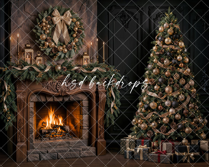 Gilded Evergreen Christmas Fireplace Photography Backdrop – Elegant Holiday Room Scene | HSD Backdrops
