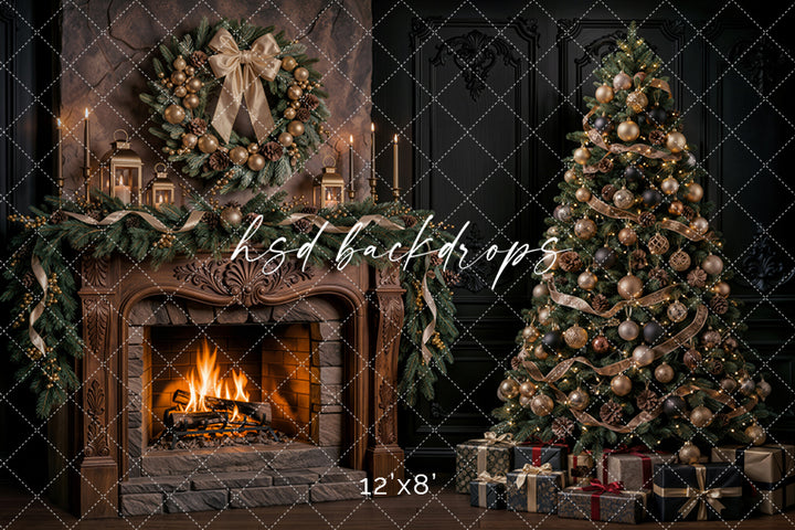 Gilded Evergreen Christmas Fireplace Photography Backdrop – Elegant Holiday Room Scene | HSD Backdrops