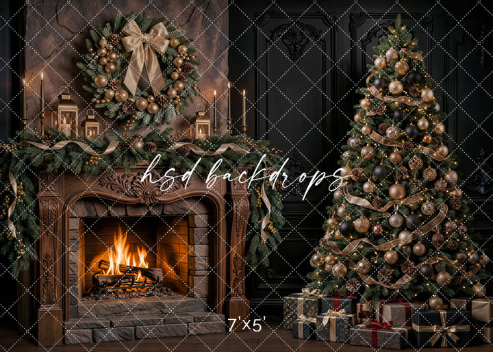 Gilded Evergreen Christmas Fireplace photography backdrop with a glowing fireplace, evergreen garland, gold wreath, decorated Christmas tree, lanterns, candles, and wrapped gifts in an elegant holiday room.