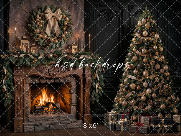 Gilded Evergreen Christmas Fireplace Photography Backdrop – Elegant Holiday Room Scene | HSD Backdrops