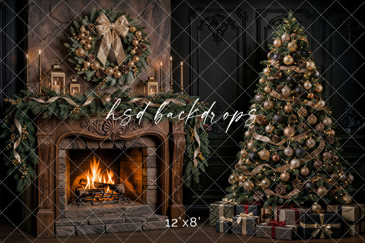 Gilded Evergreen Christmas Fireplace Photography Backdrop – Elegant Holiday Room Scene | HSD Backdrops
