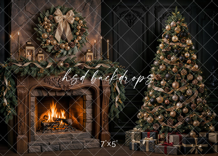Gilded Evergreen Christmas Fireplace Photography Backdrop – Elegant Holiday Room Scene | HSD Backdrops