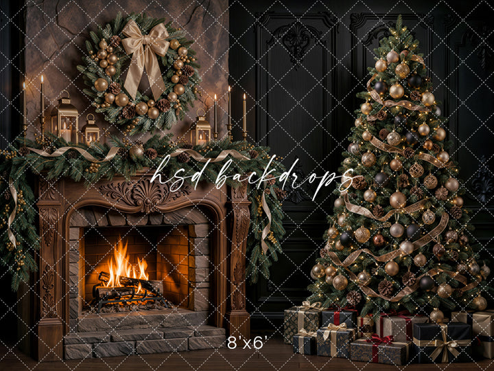 CHS9527x5gilded-evergreen-christmas-fireplace-photography-backdrop