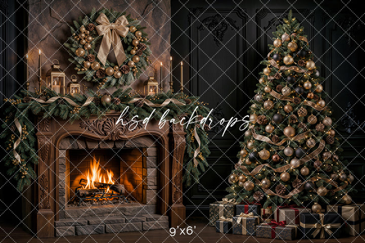 Gilded Evergreen Christmas Fireplace Photography Backdrop – Elegant Holiday Room Scene | HSD Backdrops
